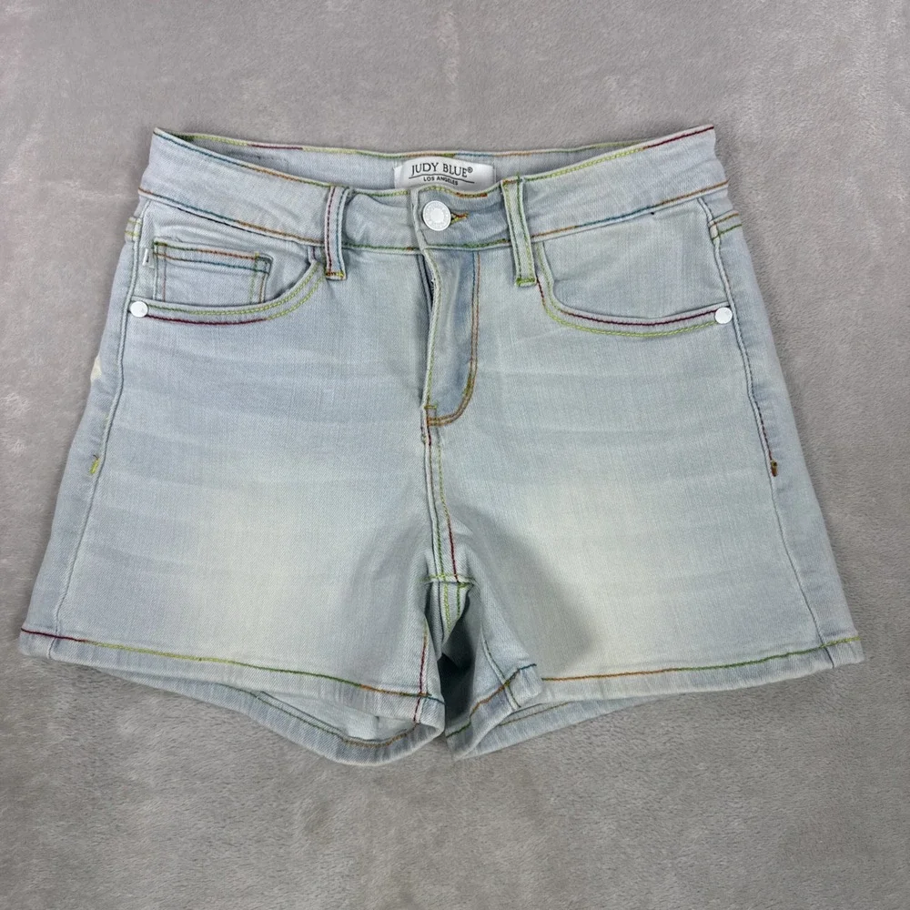 Judy Blue Denim Shorts Light Wash Womens Small Rainbow Stitch